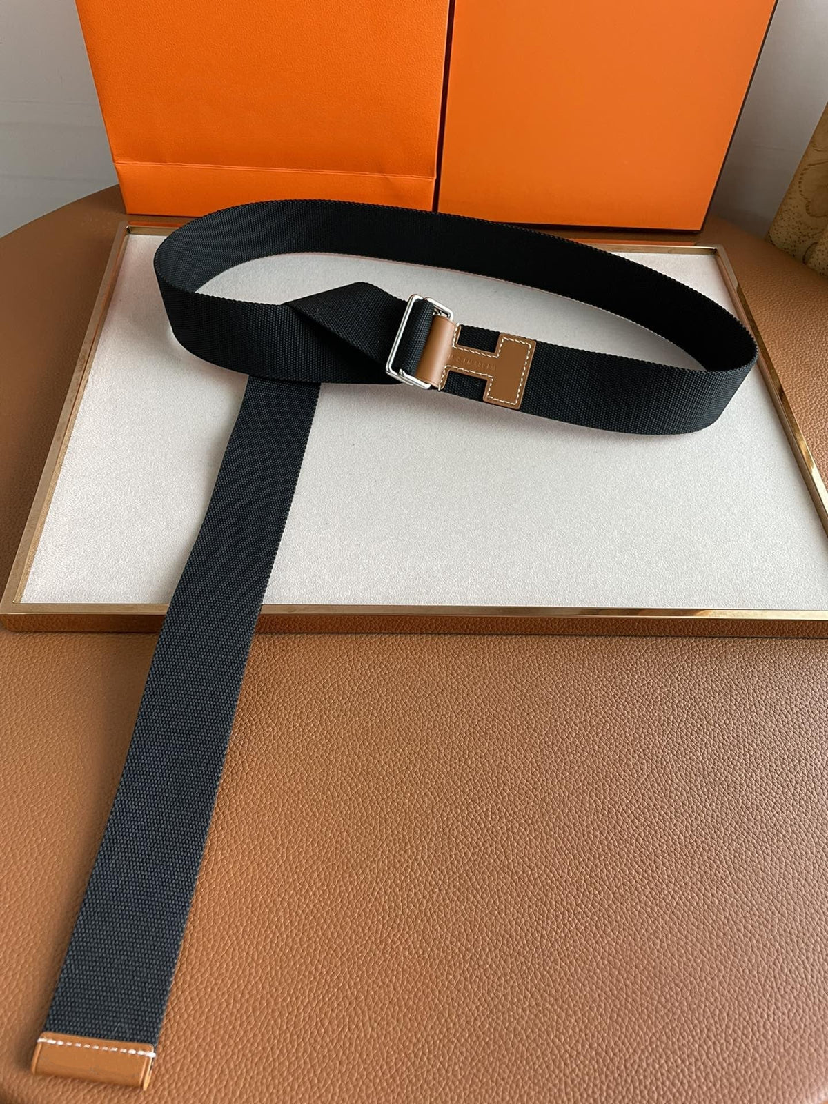 4.0CM BLACK TEXTILE BROWN LEATHER H BELT