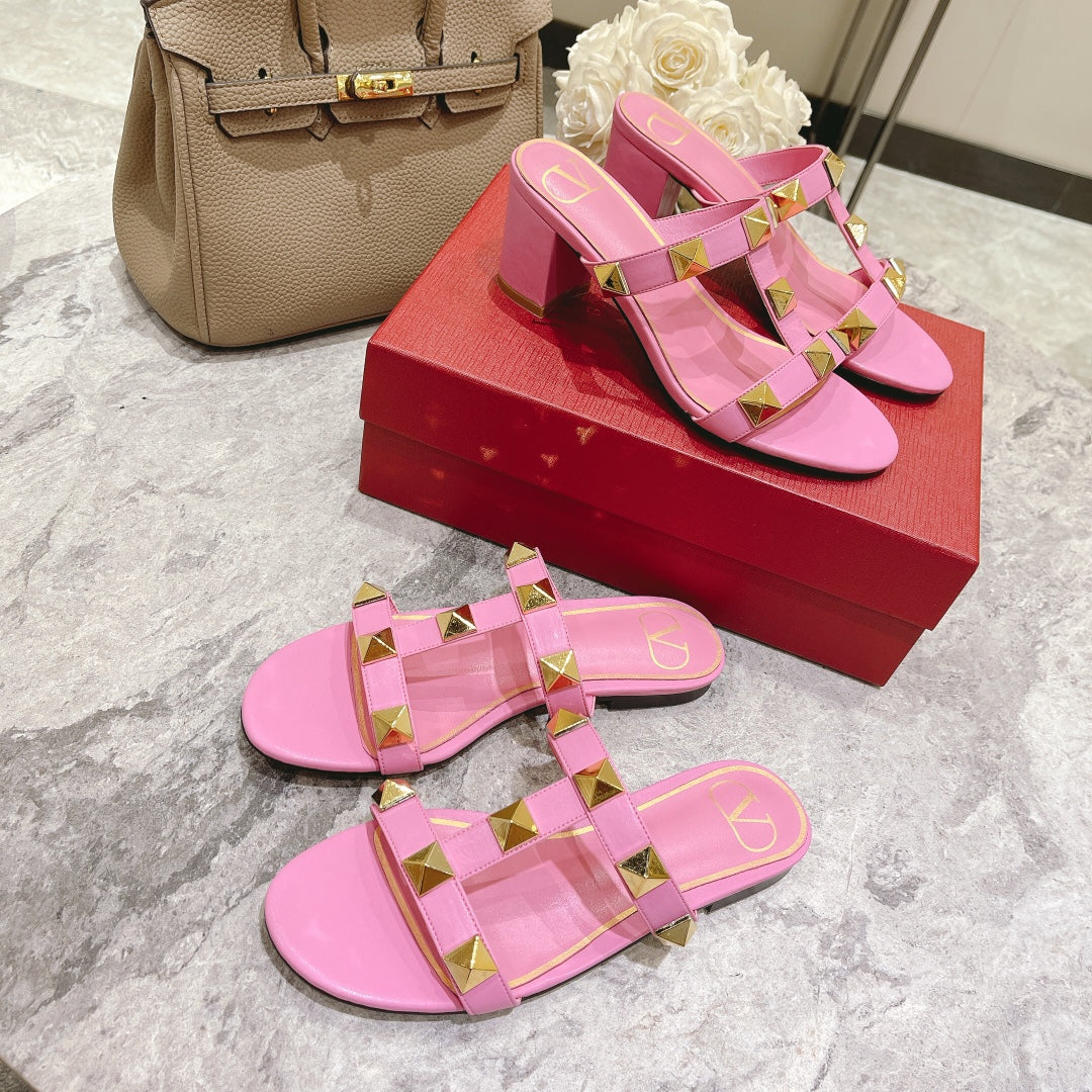 ROMAN STUD BRIGHT PINK CALFSKIN SLIDE SANDAL 60 MM