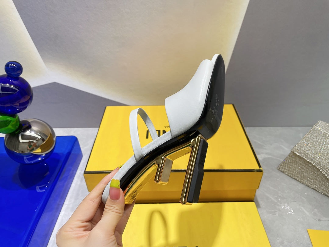FENDI FIRST 95 MM HIGH-HEELED SANDAL IN CLOUD GREY LAMBSKIN GOLD HARDWARE