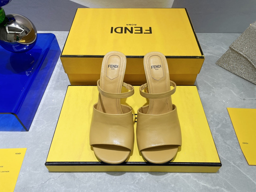 FENDI FIRST 95 MM HIGH-HEELED SANDAL IN MUSTARD YELLOW LAMBSKIN GOLD HARDWARE