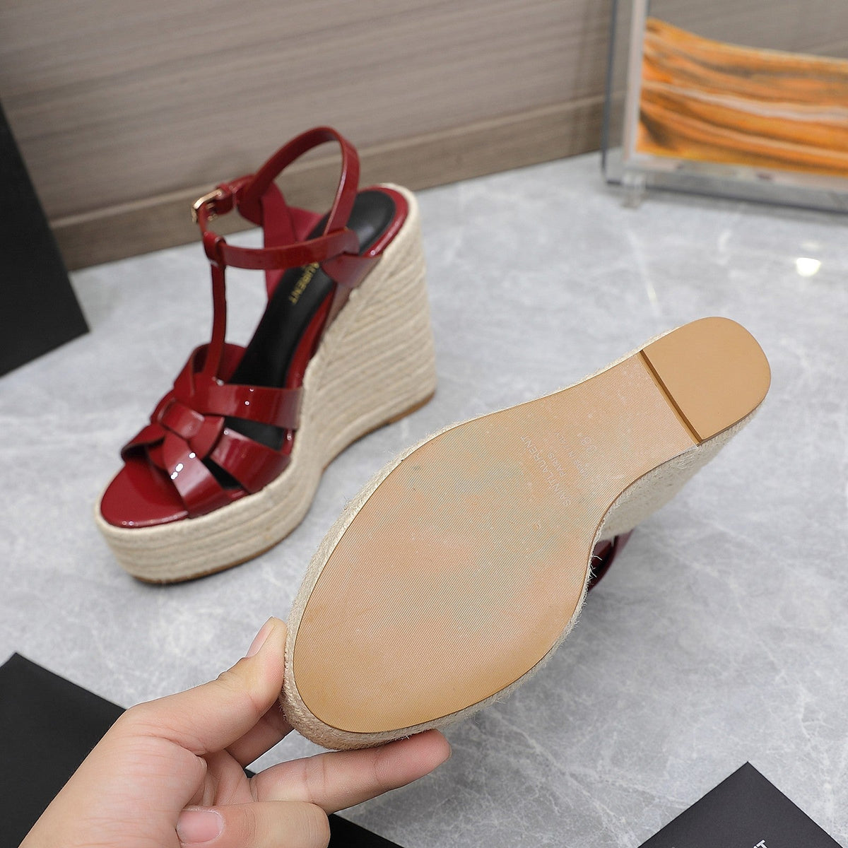 SL TRIBUTE WEDGE SANDALS BERRY POLISHED CALFSKIN