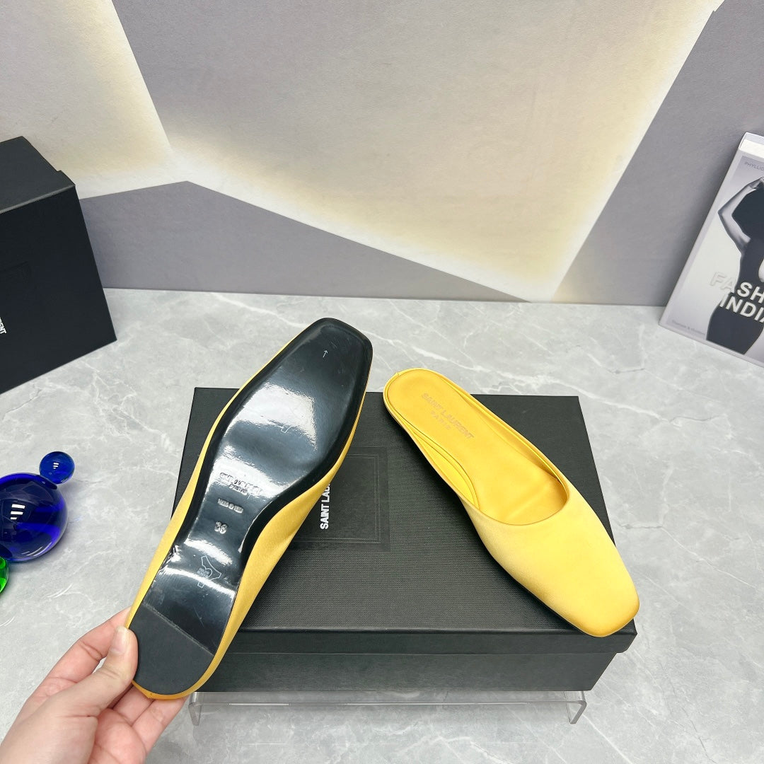 SL SQUARE TOE FLAT MULES LEMON SATIN
