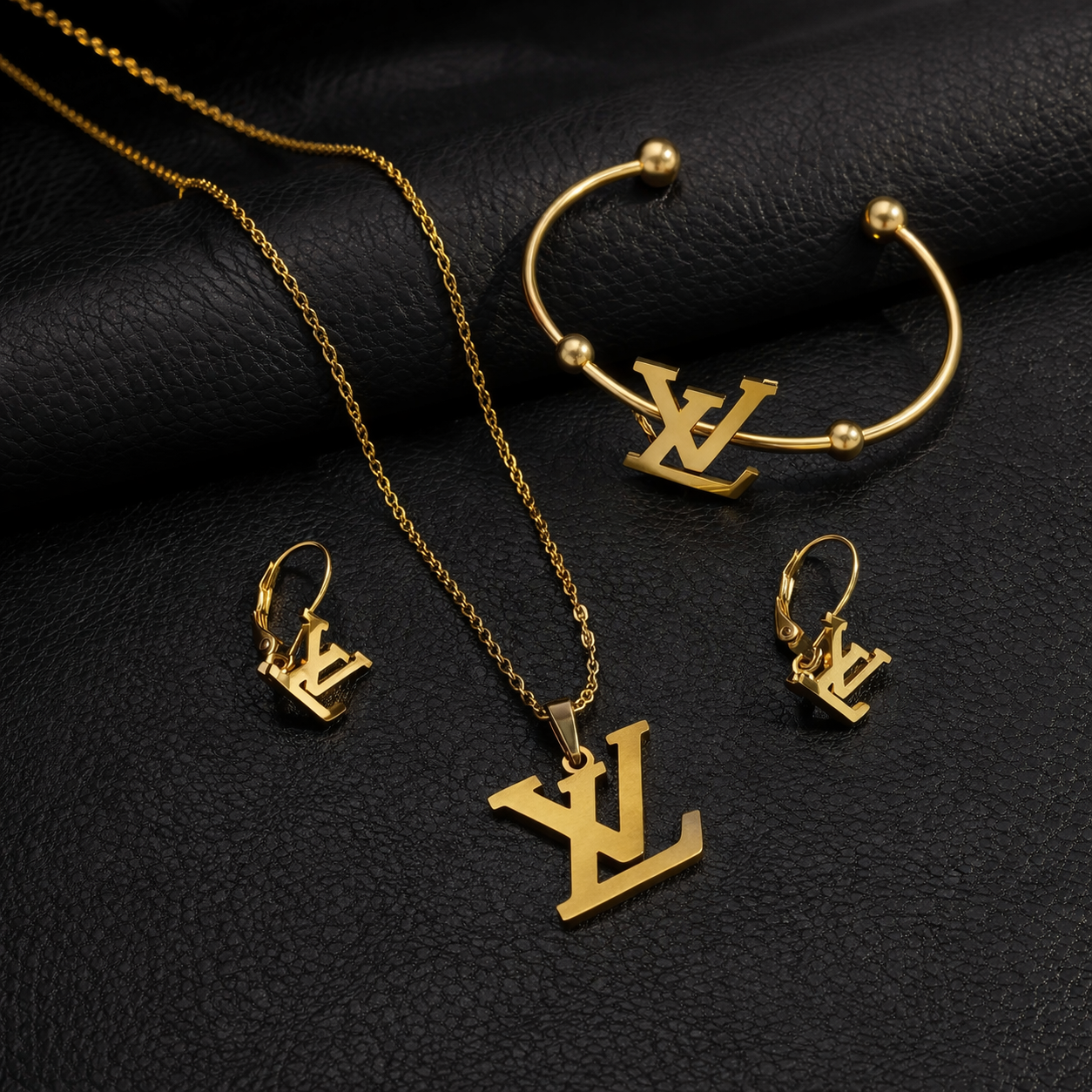 Stainless Steel Jewelry Set Gold Earrings, Bracelet & Pendant Necklace for Women