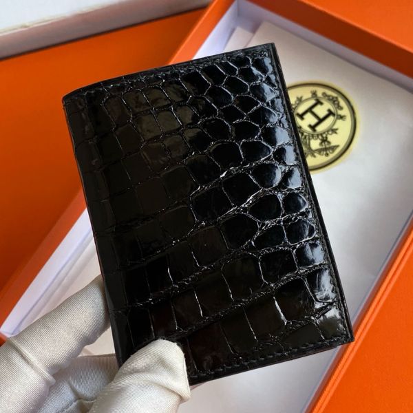HERM MC² Euclide Card Holder in Black Shiny Alligator Leather