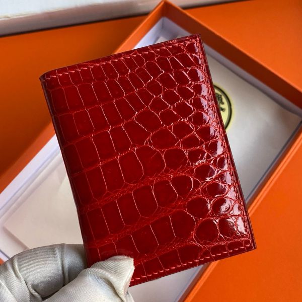 HERM MC² Euclide Card Holder in Red Shiny Alligator Leather