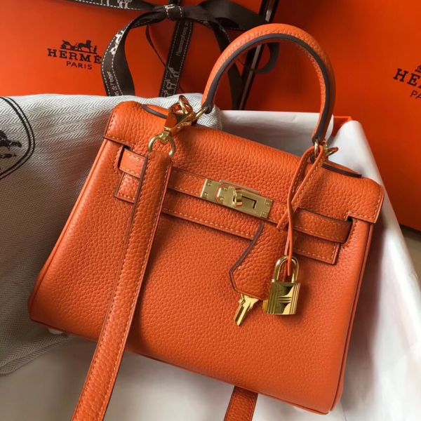 HERM Kelly 20cm Bag In Orange Clemence Leather GHW
