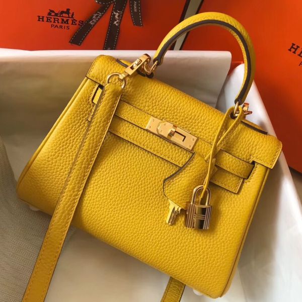 HERM Kelly 20cm Bag In Yellow Clemence Leather GHW