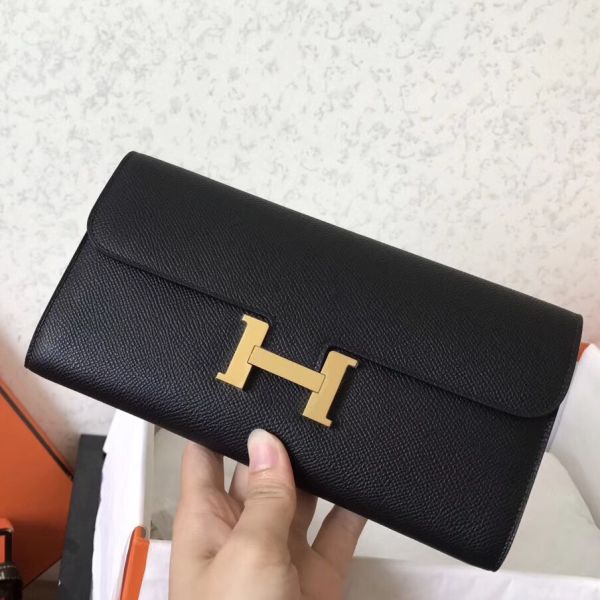 HERM Constance Long Wallet In Black Epsom Leather