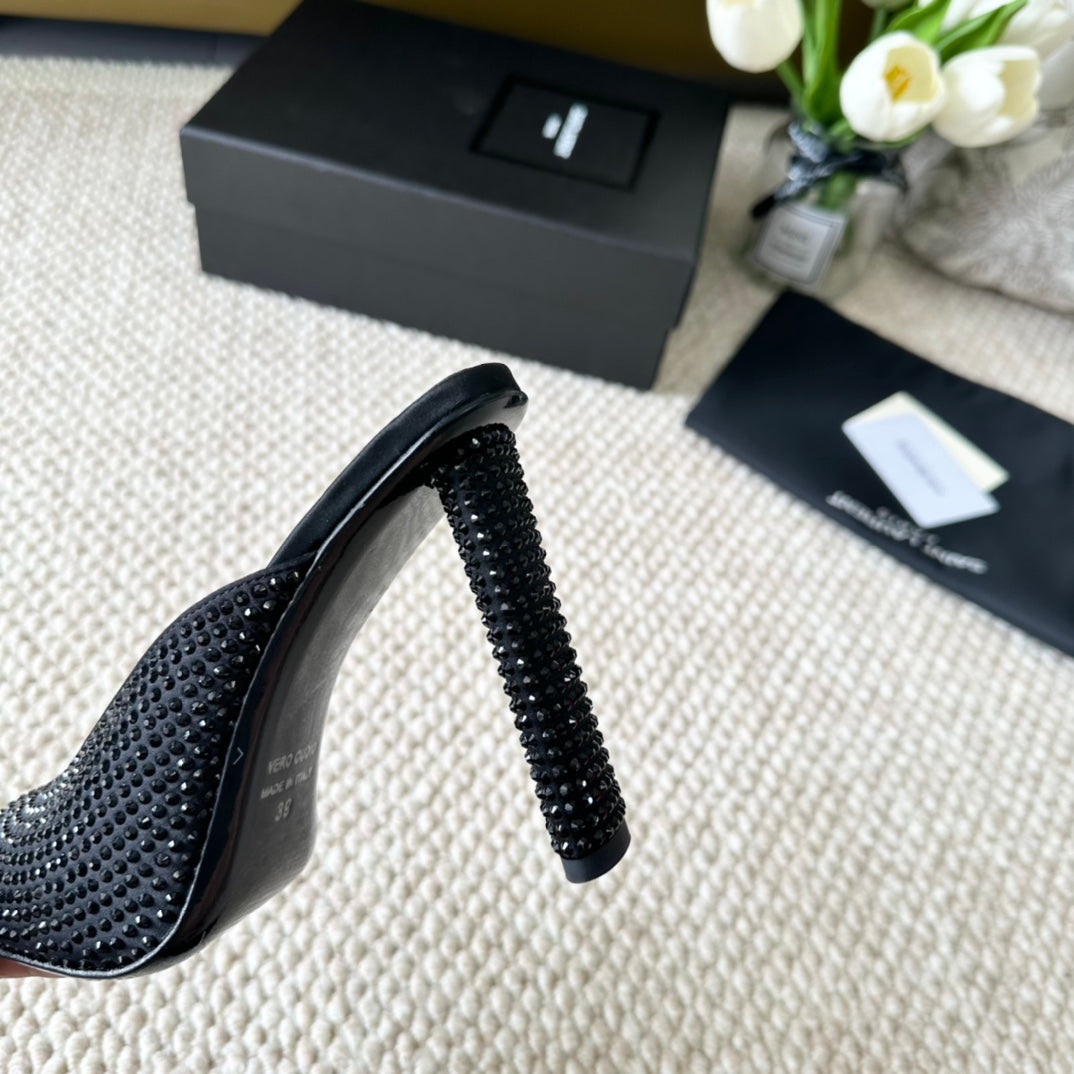 SL SEPT MULES BLACK SATIN AND RHINESTONES