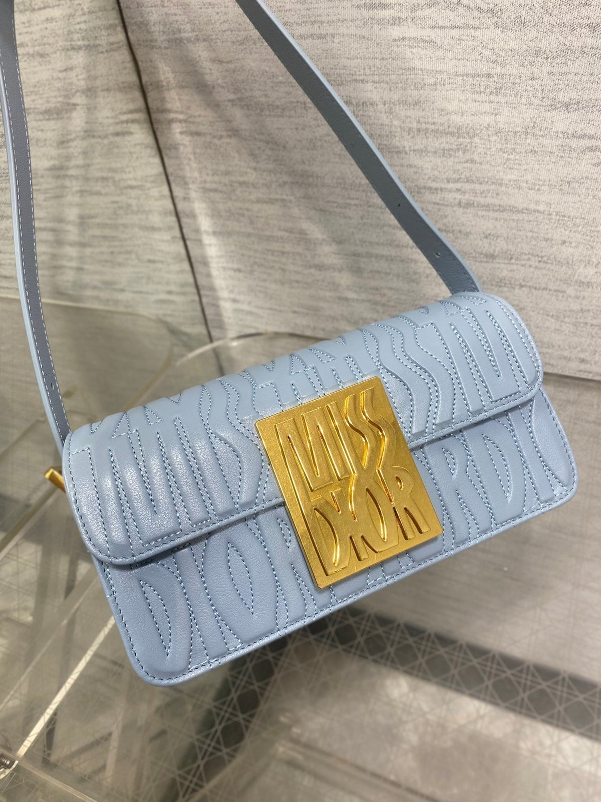 FLAP BAG 18 IN BABY BLUE QUILTED ALLOVER CALFSKIN