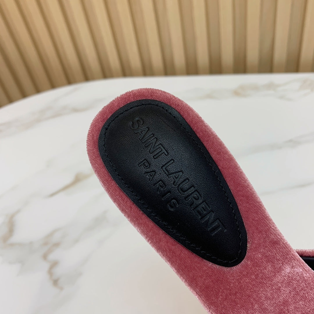 SL CHAIN ATTACH HEELED MULES BLUSH PINK VELVET