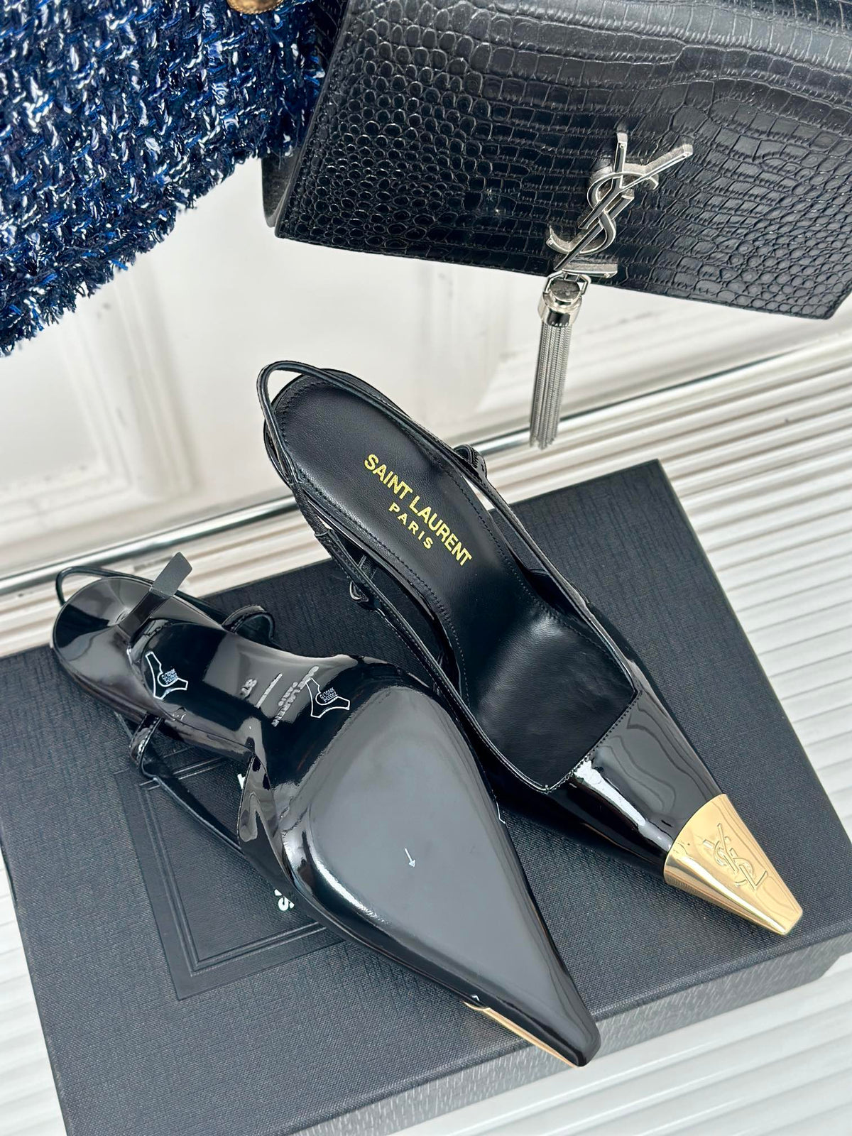 SL JEANNE SLINGBACK PUMPS BLACK POLISHED CALFSKIN