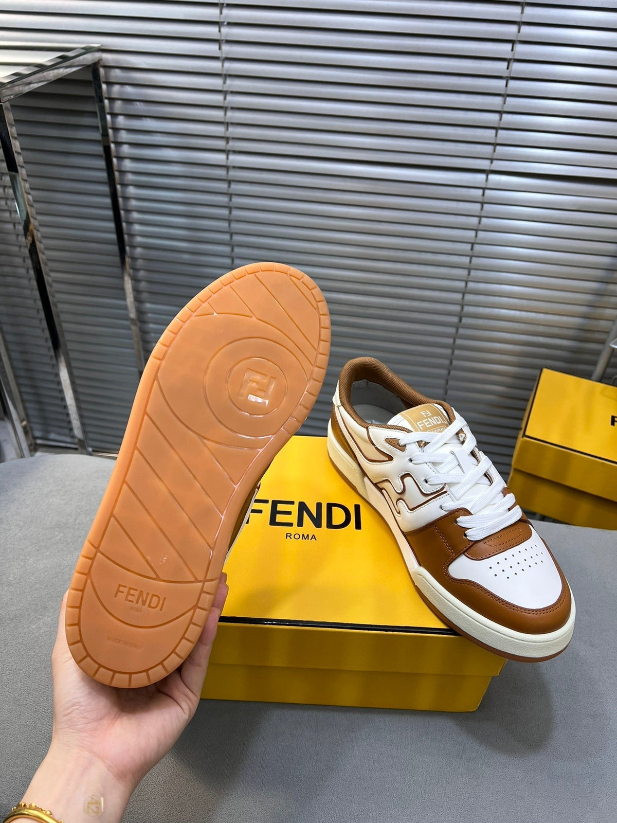 FENDI MATCH LOW TOPS IN RUSSET BROWN MIX WHITE CALFSKIN AND MESH