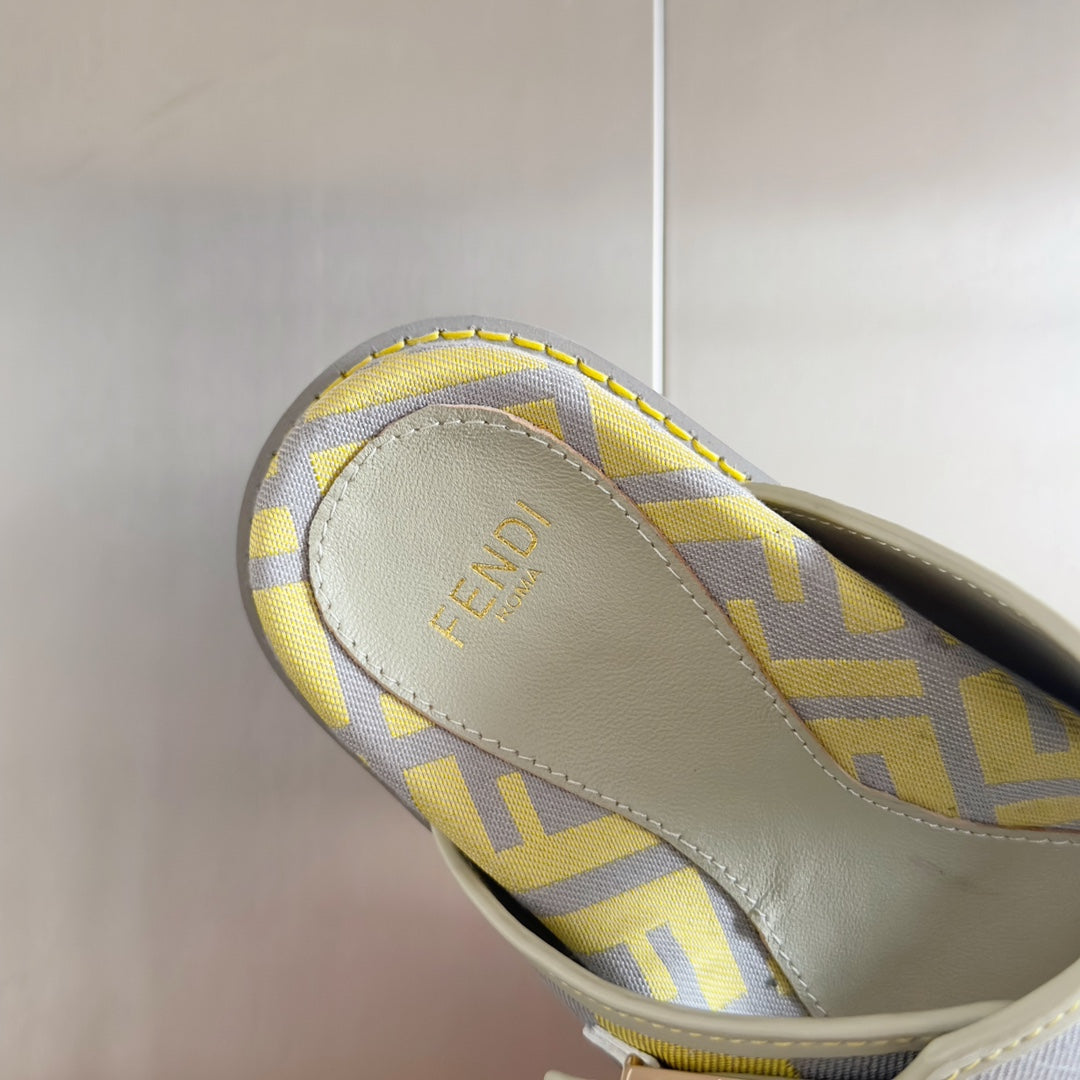 FENDI DAD SANDAL IN YELLOW MIX LIGHT PURPLE CANVAS WITH GOLD HARDWARE