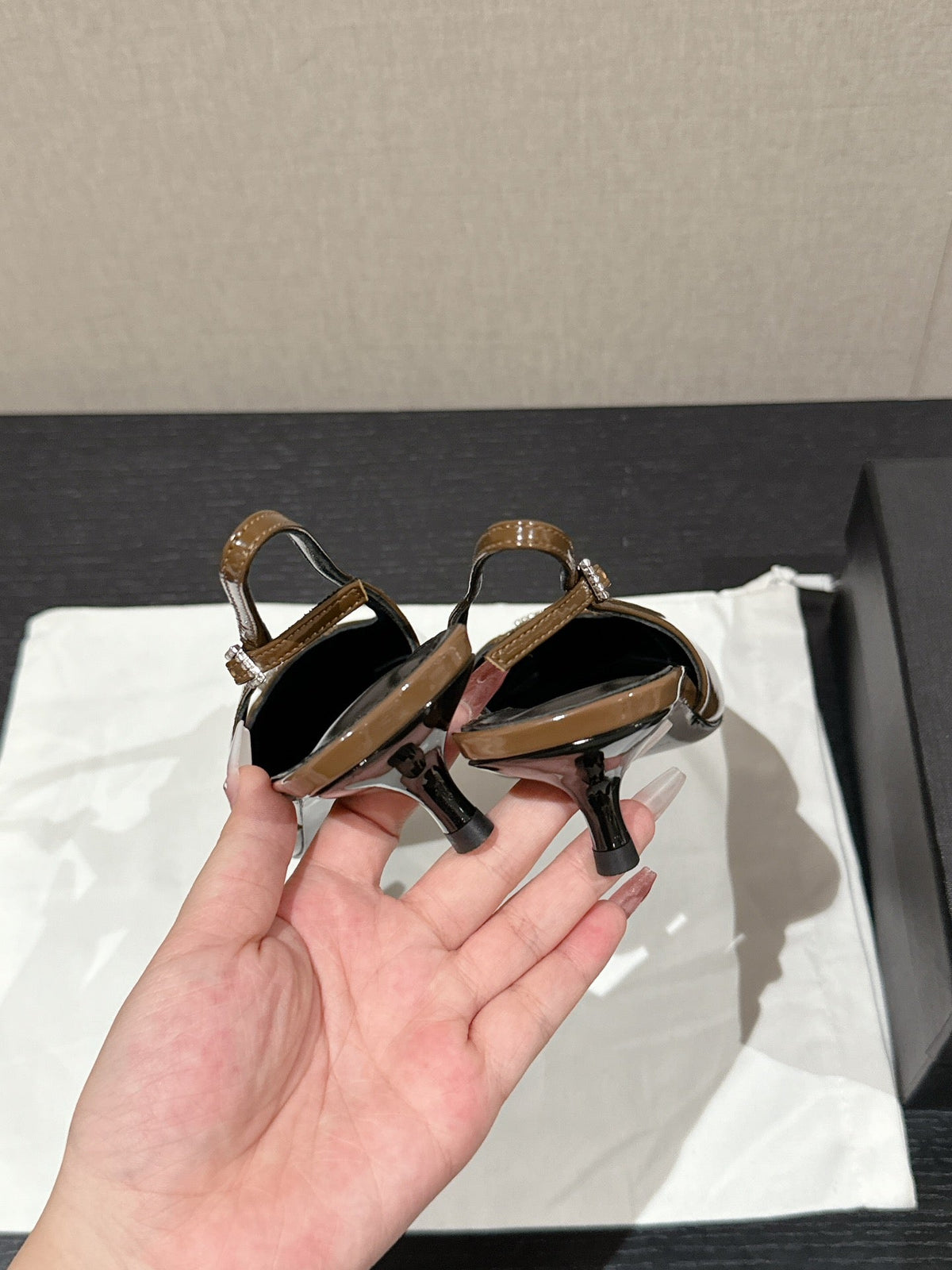 SL CHERISH CRYSTAL SLINGBACK ASH BROWN CALFSKIN