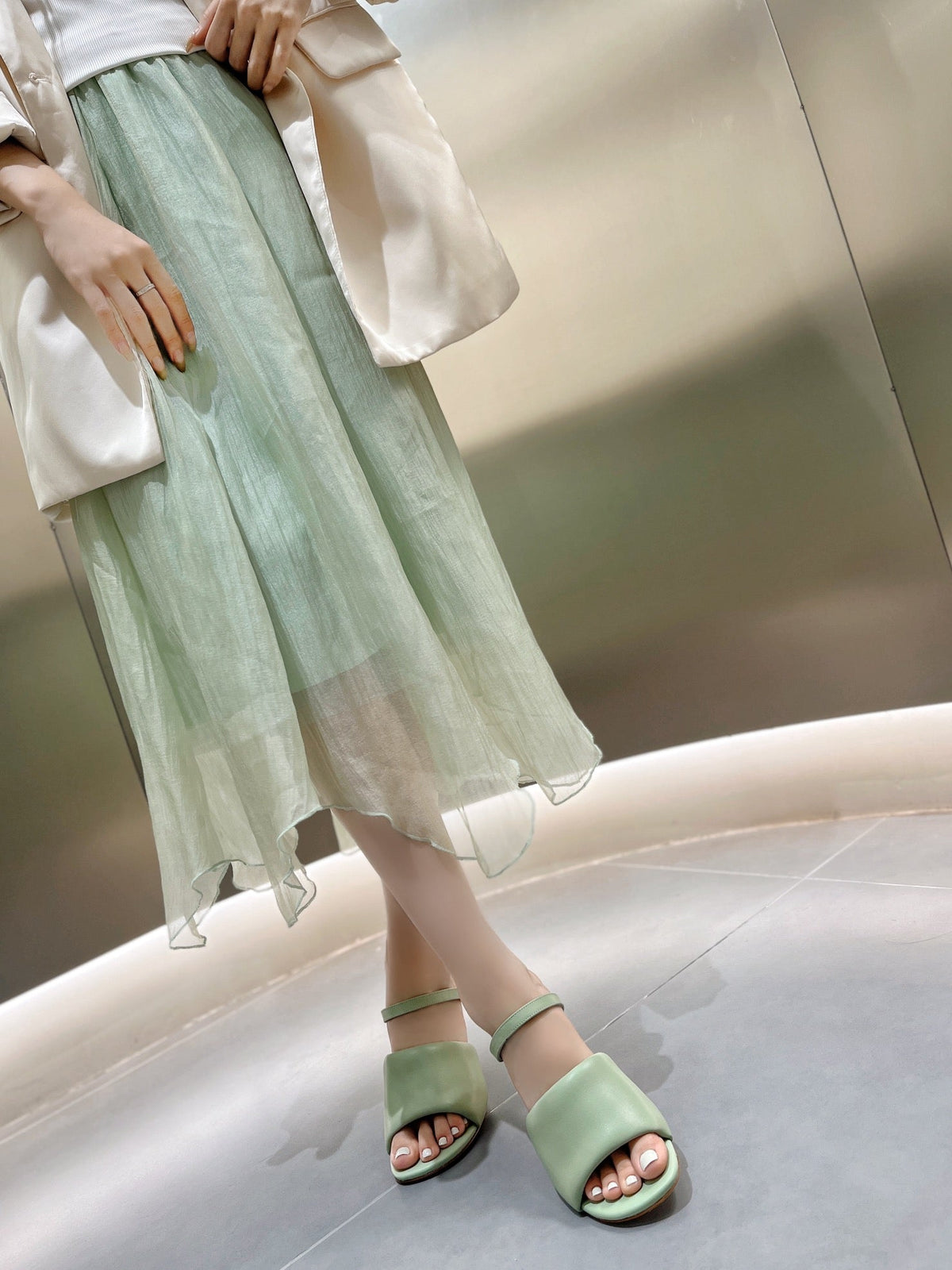 FENDI BAGUETTE HIGH-HEEL SANDALS 8 CM IN MINT GREEN CALFSKIN