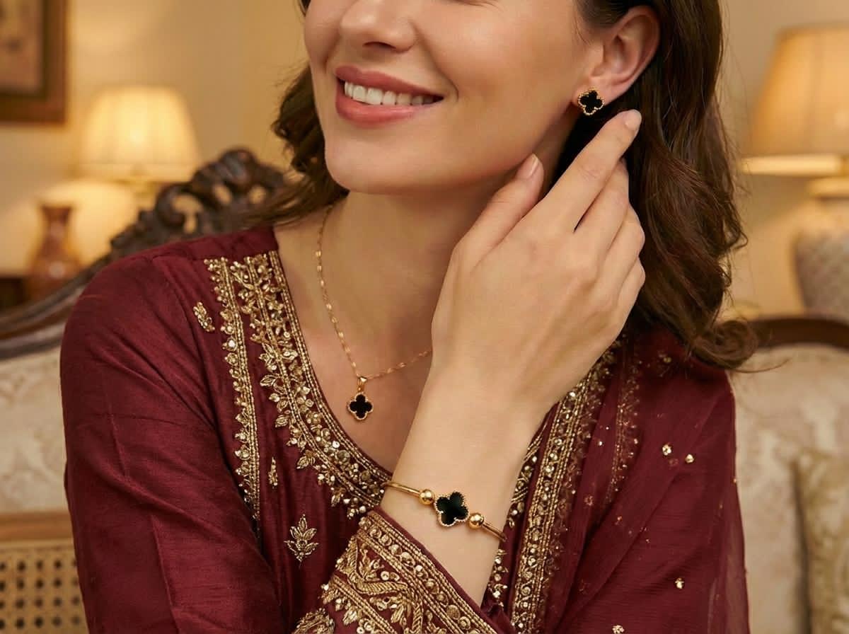 Luxury Black Clover Jewelry Set – Gold Plated | Waterproof | 4 Pcs Set | Free Delivery