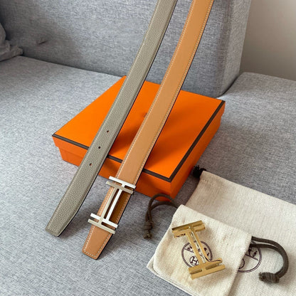 DOUBLE H REVERSIBLE BELT 32MM SILVER BUCKLE GOLD TIN GREY LEATHER