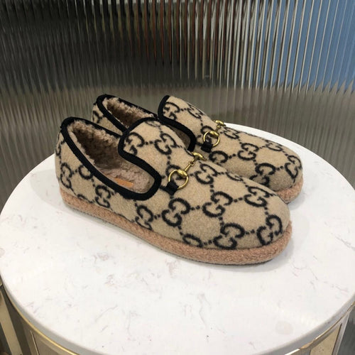 GG HORSEBIT LOAFER IN BEIGE MIX BLACK WOOL AND LAMB FUR LINING