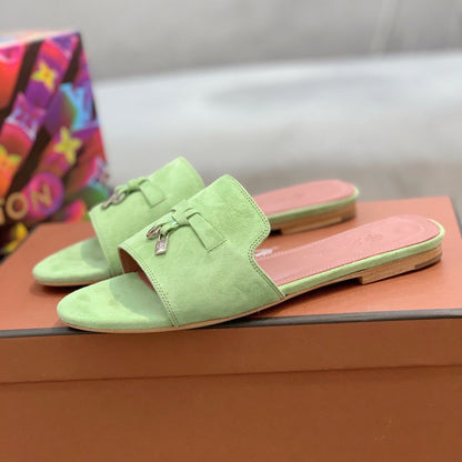 Summer Charms Sandals in Green Suede Pink Lambskin