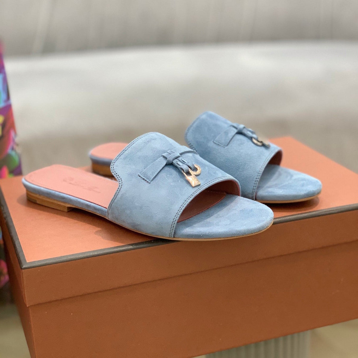 Summer Charms Sandals in Sky Blue Suede Pink Lambskin