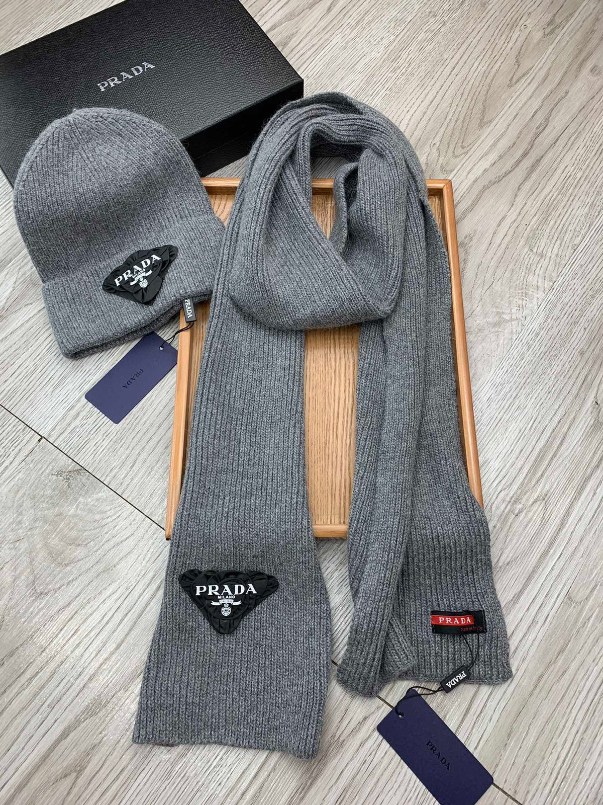 SET SCARF AND HAT IN MOUSE GRAY WOOL AND RABBIT FUR 386078