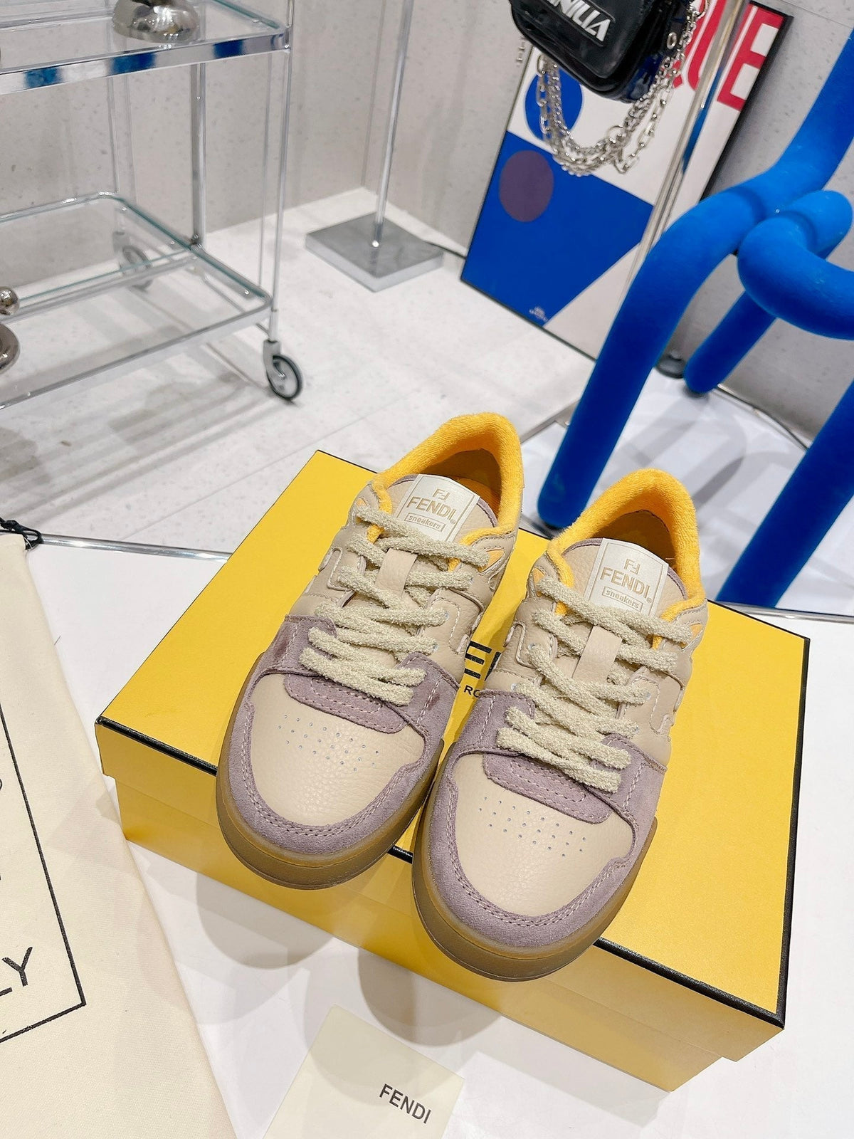 FENDI CASUAL SNEAKER IN TAN BEIGE CALFSKIN AND HEATHER PURPLE SUEDE