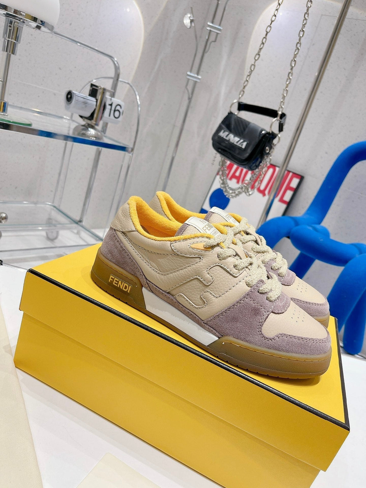 FENDI CASUAL SNEAKER IN TAN BEIGE CALFSKIN AND HEATHER PURPLE SUEDE