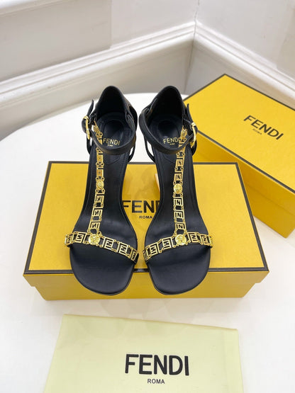 FENDI HIGH-HEELED 85 MM SANDALS IN BLACK LAMBSKIN WITH GOLD HARDWARE