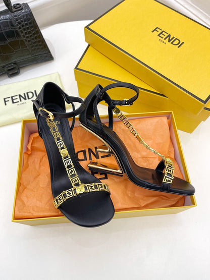 FENDI HIGH-HEELED 85 MM SANDALS IN BLACK LAMBSKIN WITH GOLD HARDWARE