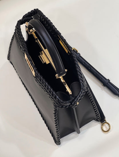 PEEKABOO ISEEU 27 IN BLACK SMOOTH CALFSKIN WITH WOVEN TRIM GOLD HARDWARE