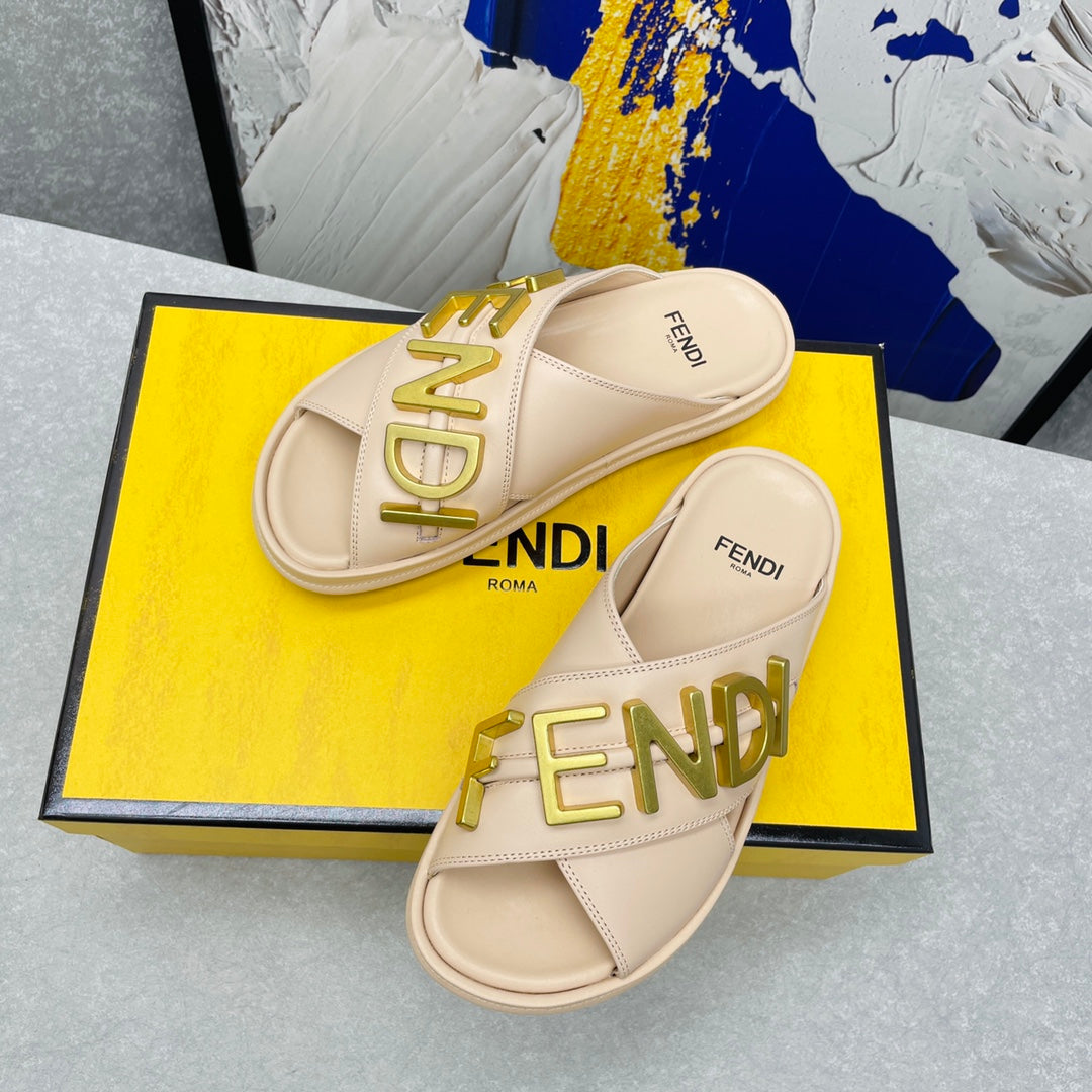 FENDI GRAPHY LOGO LETTERING SLIDES IN BEIGE LAMBSKIN WITH GOLD HARDWARE