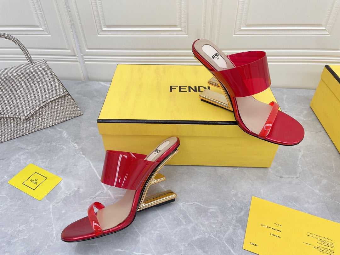 FENDI FIRST 95 MM HIGH-HEELED SANDAL IN CHERRY RED TPU FILM AND LAMBSKIN