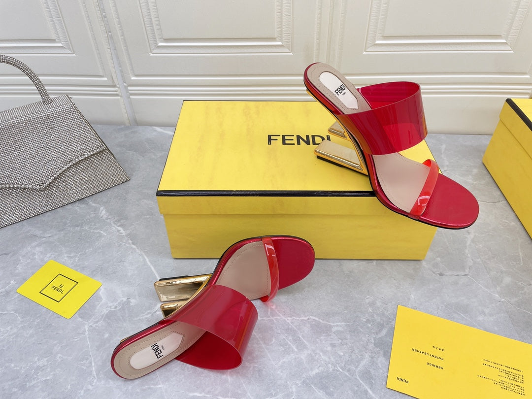 FENDI FIRST 95 MM HIGH-HEELED SANDAL IN CHERRY RED TPU FILM AND LAMBSKIN