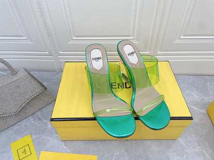 FENDI FIRST 95 MM HIGH-HEELED SANDAL IN GREEN FERN TPU FILM AND LAMBSKIN