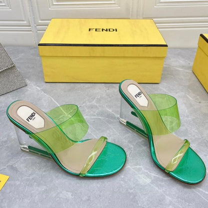 FENDI FIRST 95 MM HIGH-HEELED SANDAL IN GREEN FERN TPU FILM AND LAMBSKIN