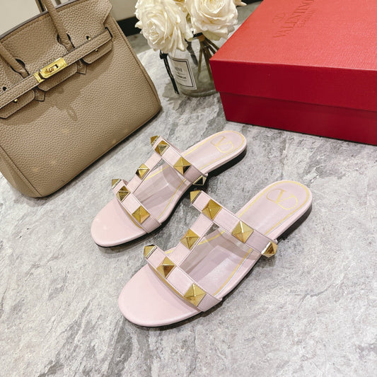 ROMAN STUD LIGHT PINK CALFSKIN FLAT SLIDE SANDAL 25 MM