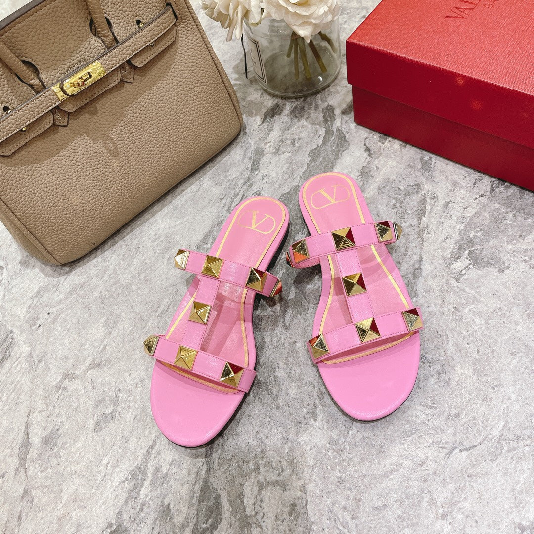 ROMAN STUD BRIGHT PINK CALFSKIN FLAT SLIDE SANDAL 25 MM