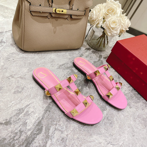 ROMAN STUD BRIGHT PINK CALFSKIN FLAT SLIDE SANDAL 25 MM