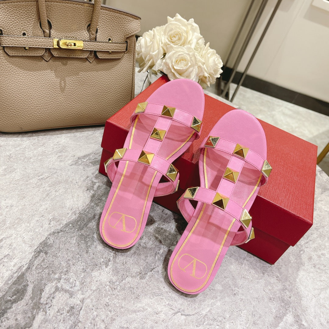 ROMAN STUD BRIGHT PINK CALFSKIN FLAT SLIDE SANDAL 25 MM
