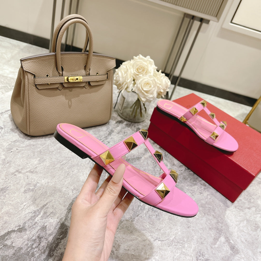ROMAN STUD BRIGHT PINK CALFSKIN FLAT SLIDE SANDAL 25 MM