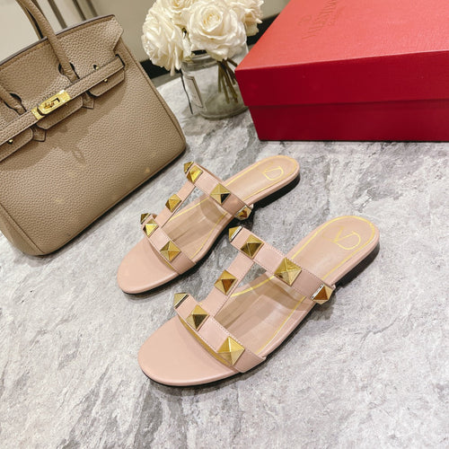 ROMAN STUD PALE PINK CALFSKIN FLAT SLIDE SANDAL 25 MM