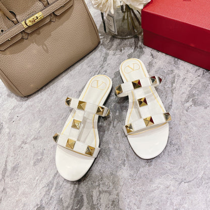 ROMAN STUD WHITE CALFSKIN FLAT SLIDE SANDAL 25 MM