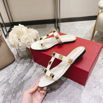 ROMAN STUD WHITE CALFSKIN FLAT SLIDE SANDAL 25 MM