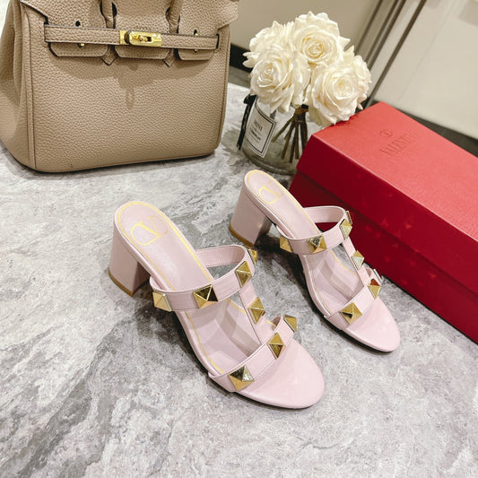 ROMAN STUD PASTEL PINK CALFSKIN SLIDE SANDAL 60 MM