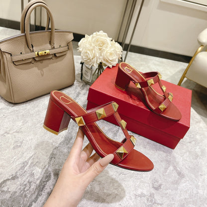 ROMAN STUD CHERRY RED CALFSKIN SLIDE SANDAL 60 MM