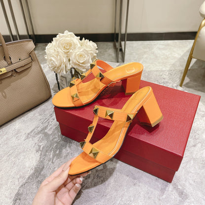 ROMAN STUD MANGO ORANGE CALFSKIN SLIDE SANDAL 60 MM