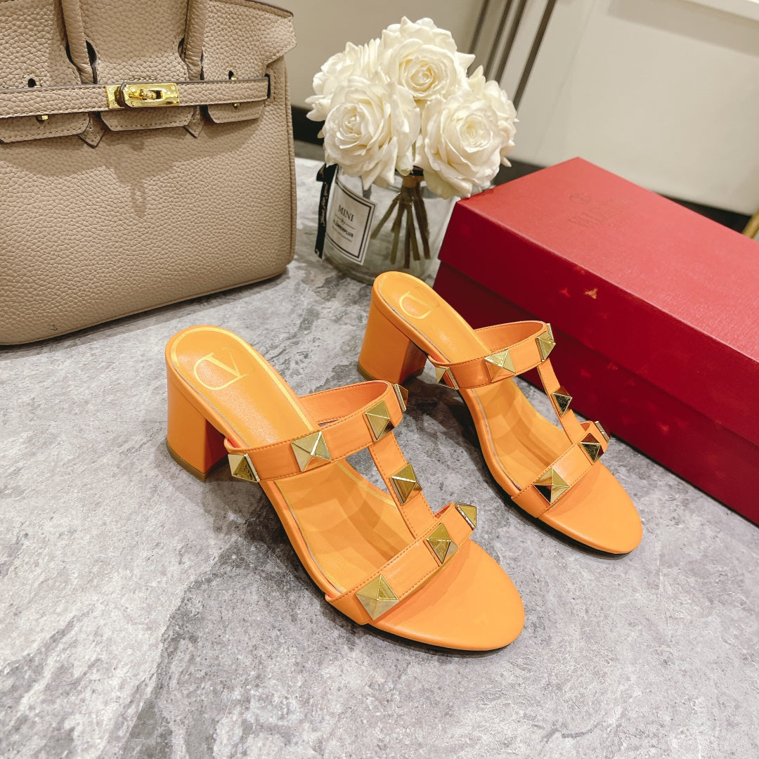 ROMAN STUD MANGO ORANGE CALFSKIN SLIDE SANDAL 60 MM