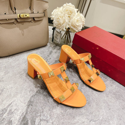 ROMAN STUD MANGO ORANGE CALFSKIN SLIDE SANDAL 60 MM