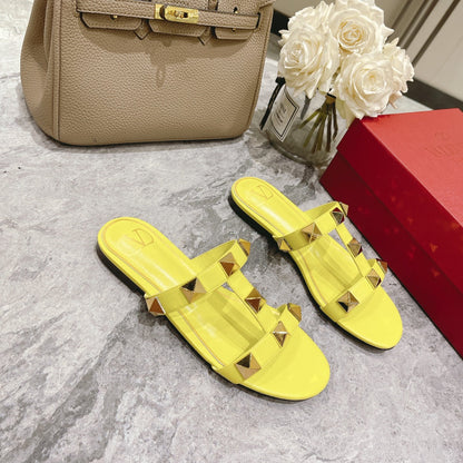ROMAN STUD BRIGHT YELLOW CALFSKIN FLAT SLIDE SANDAL 25 MM